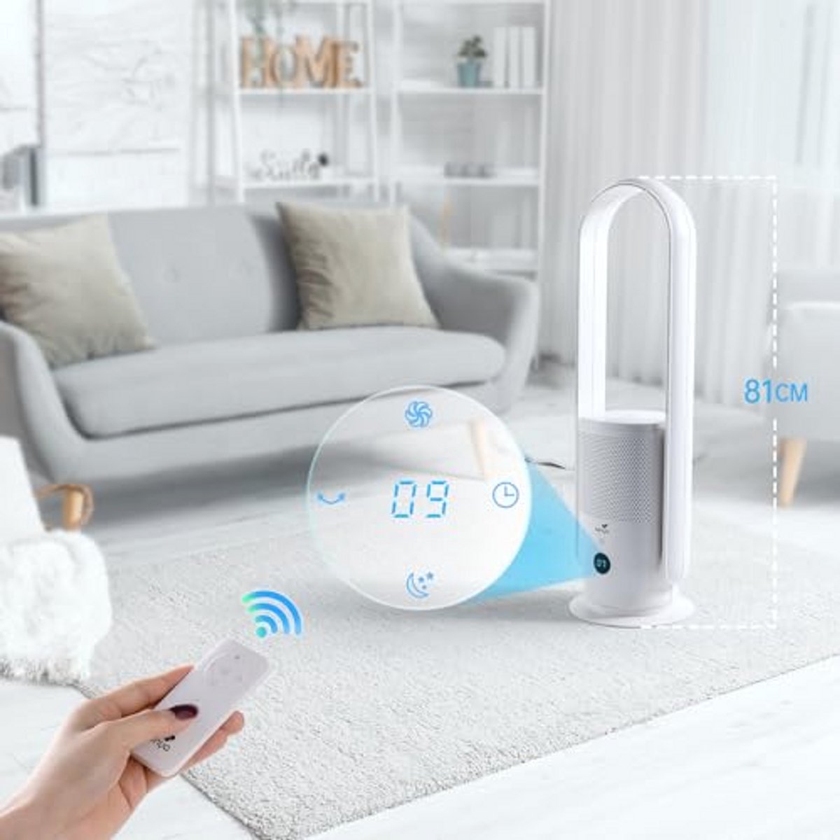 Bladloze ventilator met HEPA-luchtreiniger en afstandsbediening - 9 snelheden en modern design