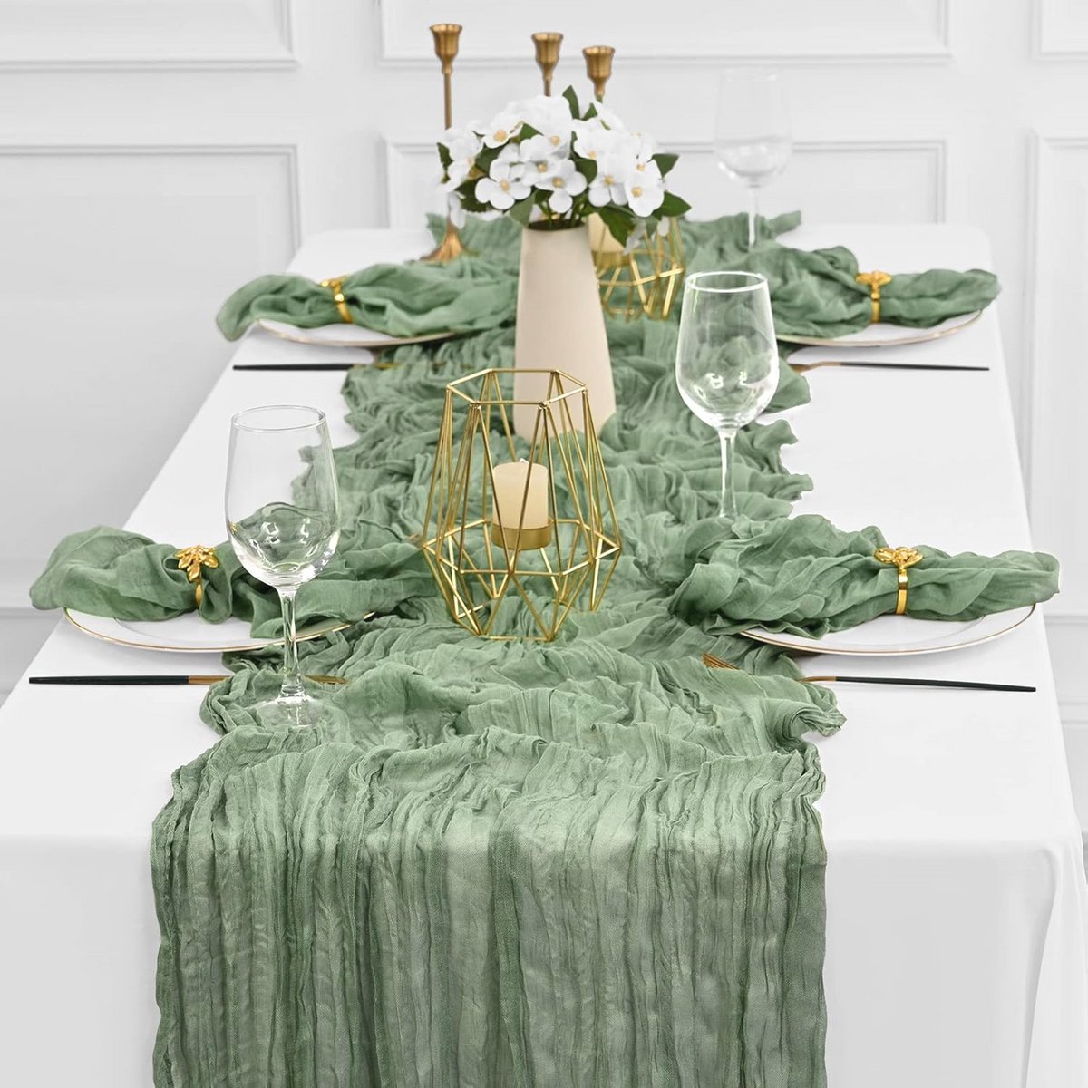 Saliegroene 4-pack semi-transparante kaasdoek tafelloper 10ft voor rustieke decoraties