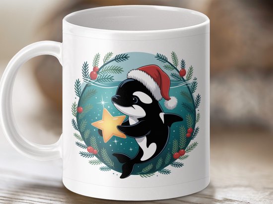 Mug Orque Joyeux Noël, Cadeau Orque de Noël , Orque avec bonnet de Père Noël, Mug Baleine Mignonne, Mug à Café des Fêtes, Idée Cadeau de Noël
