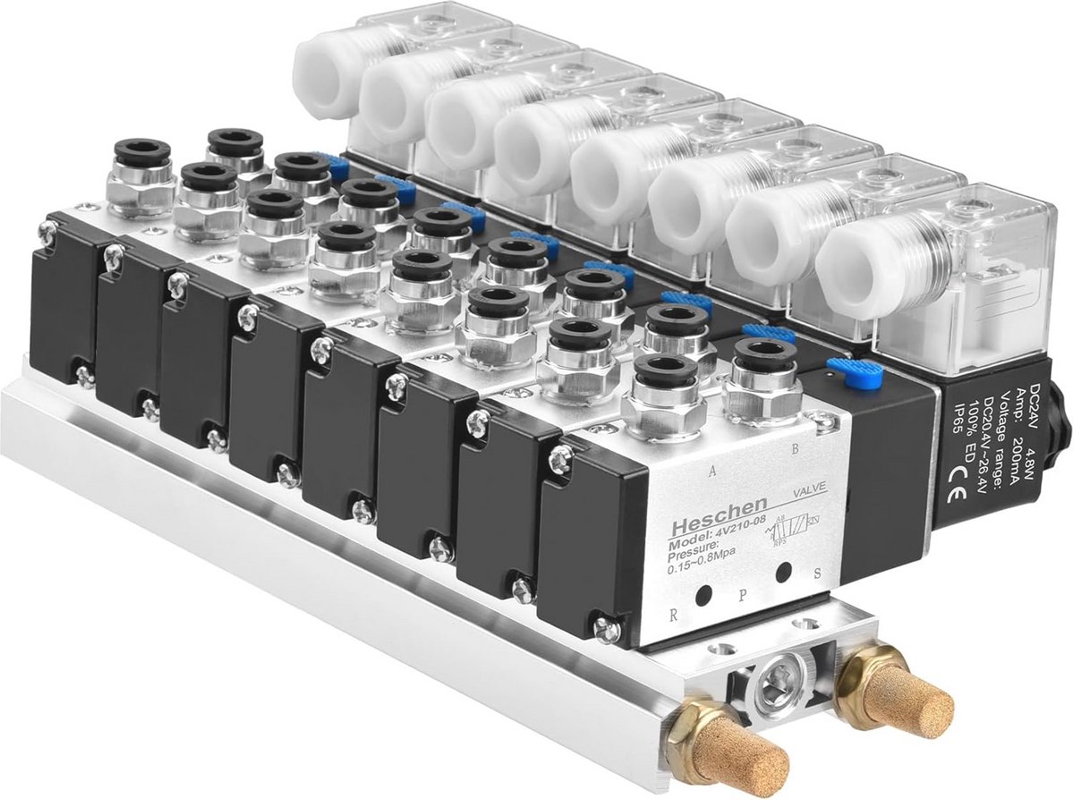Geïntegreerd 8 Space Spruitstuk Magneetventiel 4V210-08 DC24V G1/4 "5 Manier 2 Positie met Basis en Snelkoppelingen