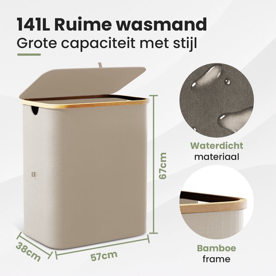 Beige wasmand van 141L met bamboe frame, deksel en afmetingen 67x57x38cm