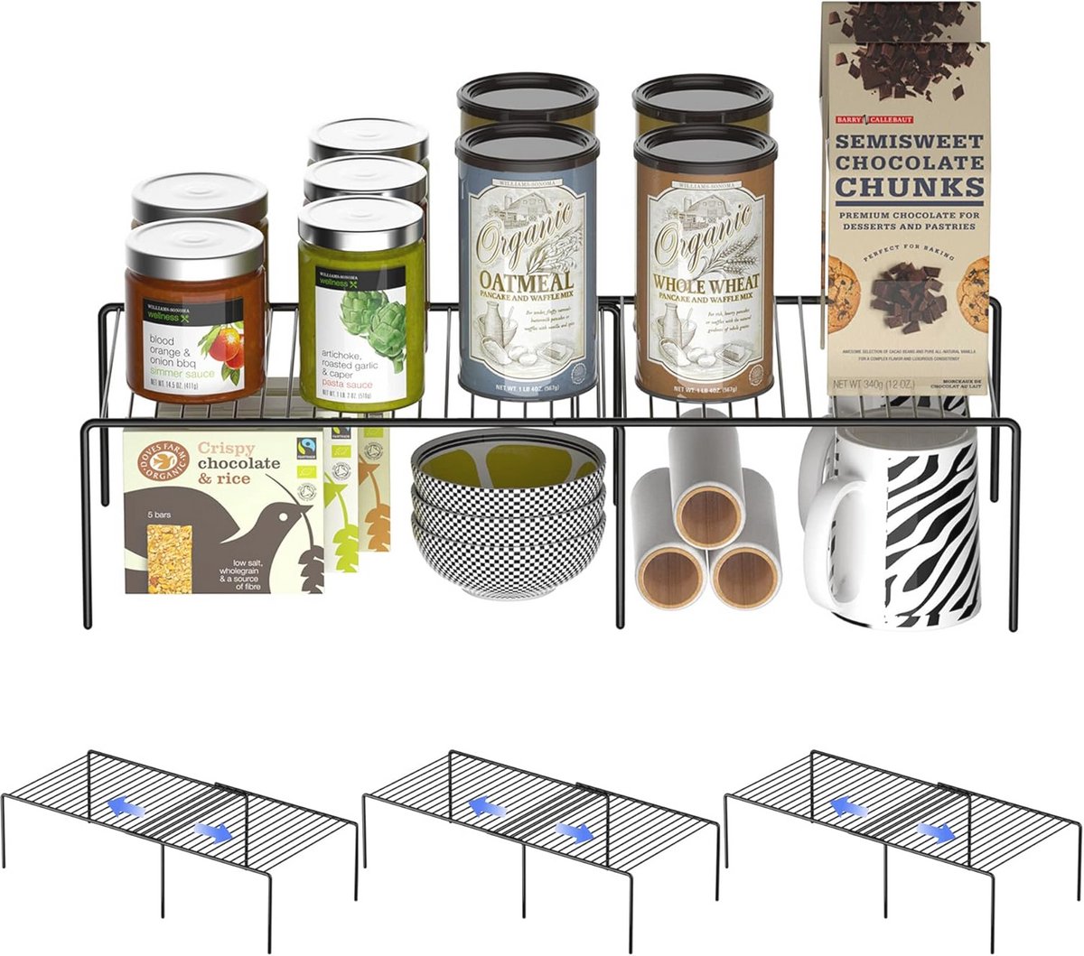 Ruimtebesparend Opbergrek voor Kasten - 8-delig Metalen Organizer voor Keuken, Badkamer en Koelkast - Uitbreidbaar en Roestvrij - Set van 4