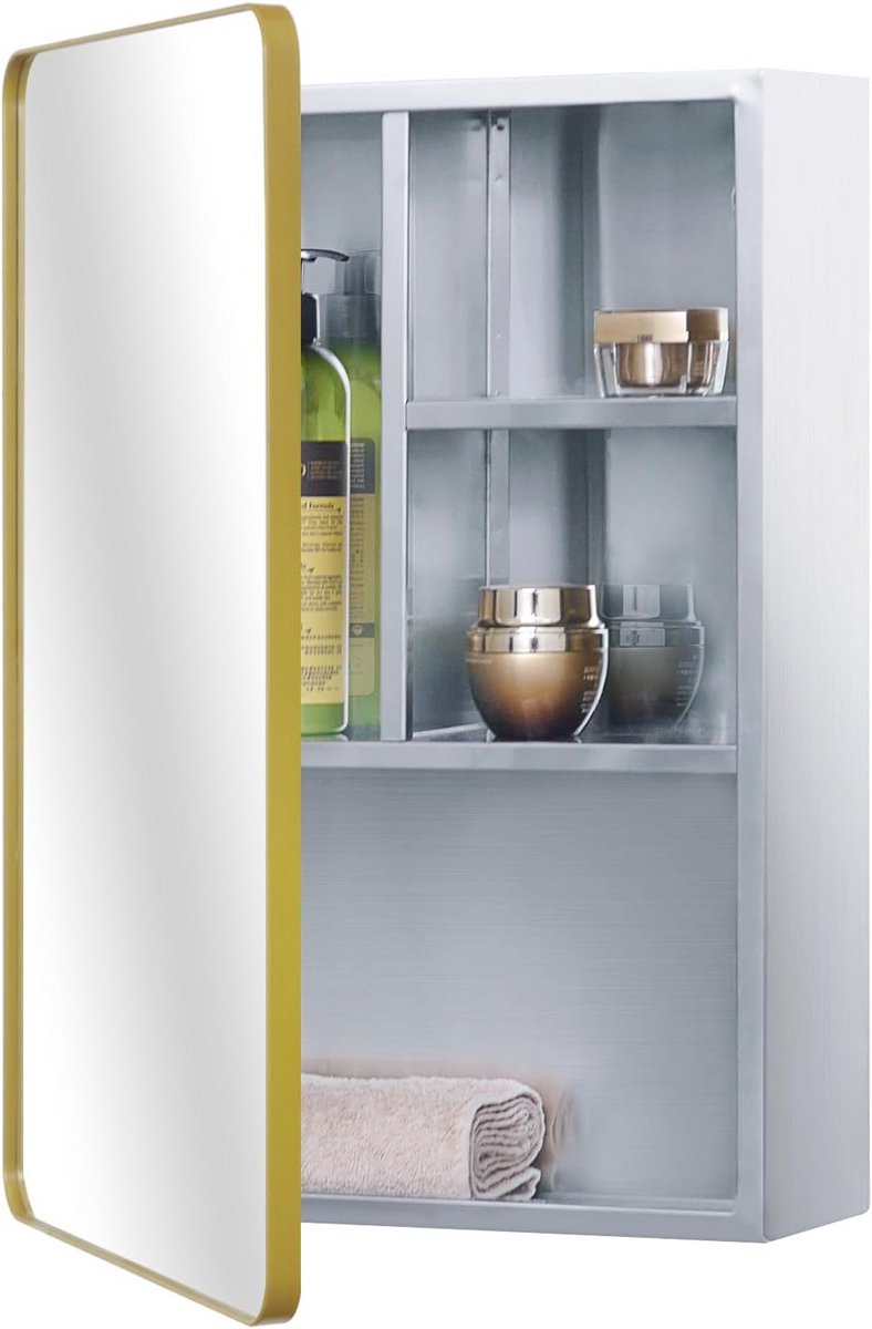 Spiegelkast voor badkamer met gouden frame en meerdere planken - 37x53 cm