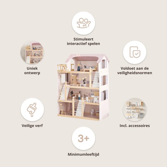 Houten poppenhuis van 80 cm hoog, met roze dak. Omringd door iconen voor ontwerp, veiligheid, accessoires en leeftijd.