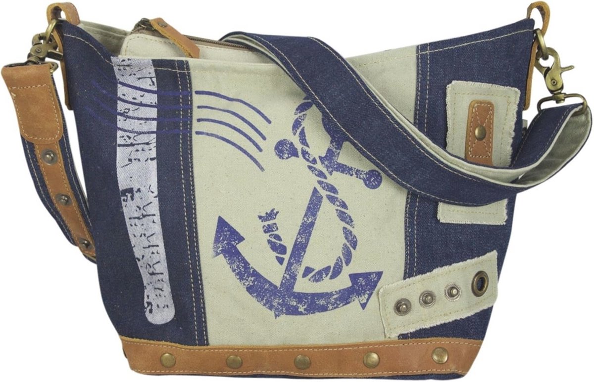 Kleine schoudertas van gerecycled canvas en leer