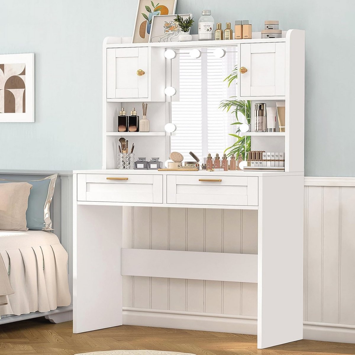 Dressing Table with Large Mirror and Adjustable Lighting - Modern White Makeup Table with Storage