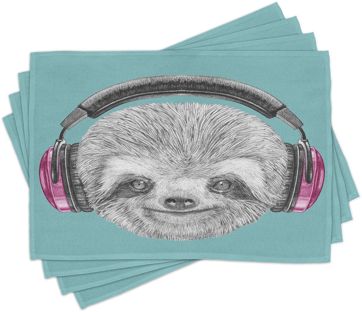 ABAKUHAUS Luiaard-placematten: DJ-luiaardportret met koptelefoons, een vrolijk, modern karakter en een vriendelijke glimlach; digitaal bedrukt op wasbare stof, tafeldecoratie voor in de keuken, fuchsiakleuren, teal en grijs