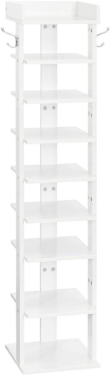 TRANKIELO® - smal schoenenrek met 9 lagen – houten schoenenopberger met haken – ruimtebesparende verticale schoenentoren