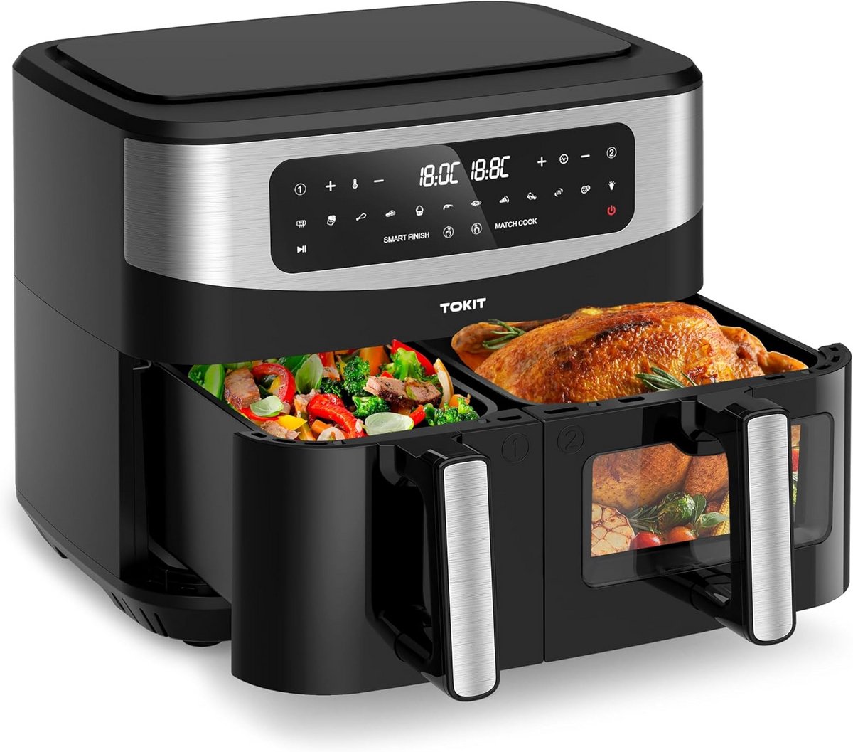 Dual Zone Heteluchtfriteuse 2800W met Kijkvenster en 12-in-1 Kookprogramma's