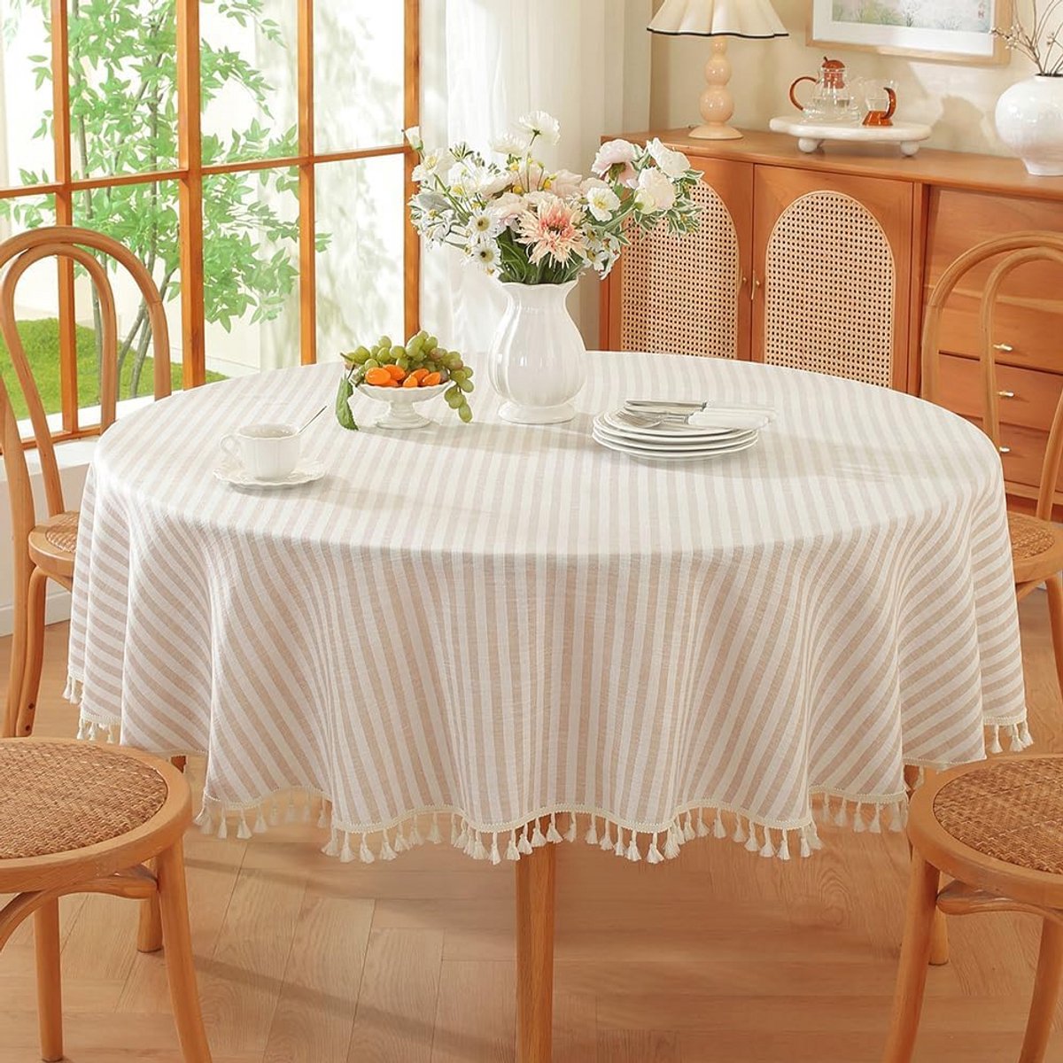 Rond Tafelkleed van Katoen-Linnen, Afwasbaar, Boho-Stijl, Beige, 150 cm