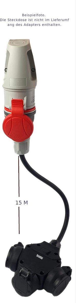 CEE Stroomadapter 16A met 3x 220V Schuko Stopcontacten - Rubber Verlengsnoer 15 Meter