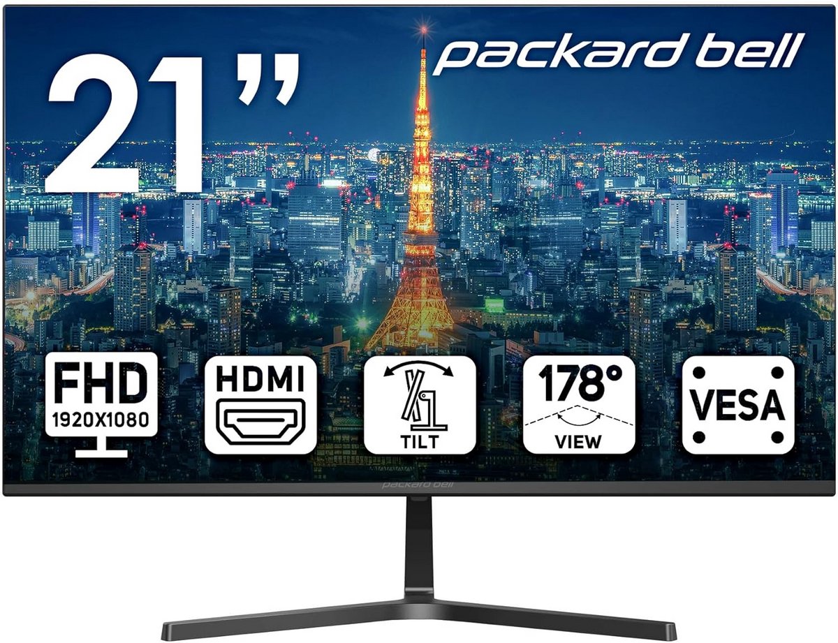 21 inch FHD monitor 1920 x 1080, 75 Hertz, ultrabreed met kantelaanpassing, VGA en HDMI input voor gaming en werk