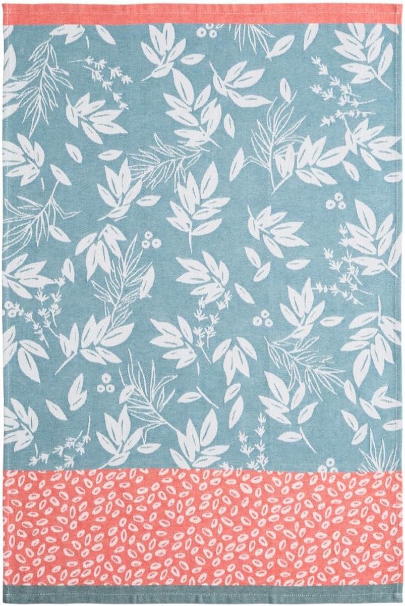 Theedoek van katoenen jacquard met bladerenpatroon in blauw – 50 x 75 cm