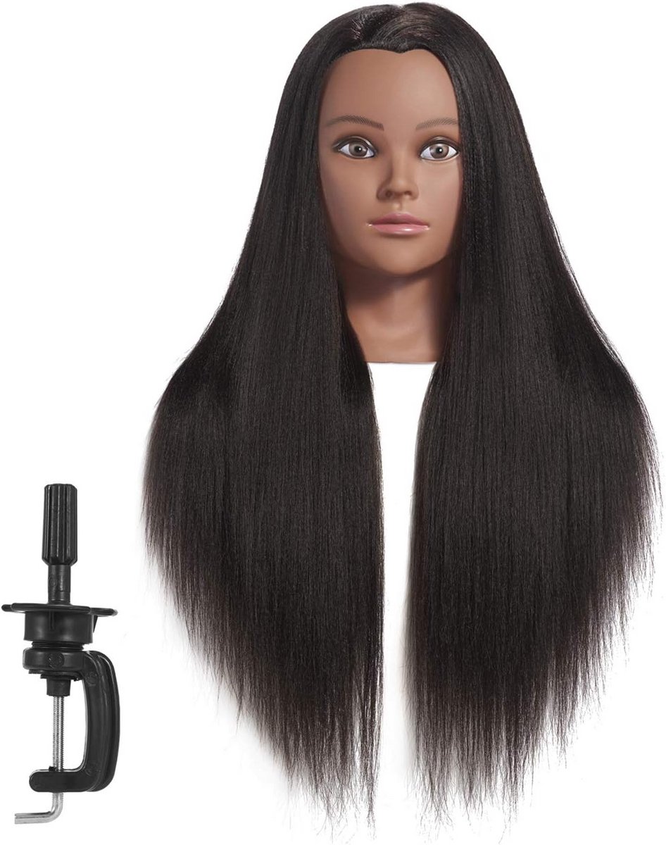 Cosmetologie Mannequin Hoofd voor Haar Styling - Synthetische Vezel Pop met Klem (yaki zwart)