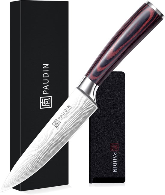 Paudin N27 Koksmes - Keukenmes - 15 cm Lemmet - Damascus Patroon - Vlijmscherp Koolstofstaal - Ergonomisch Handvat