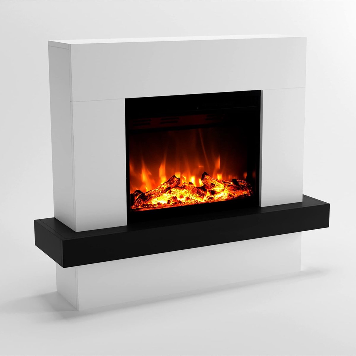 Elektrische Haard Pandora met LED-vlammen en Verwarming | Novihome Vrijstaande Sfeerhaard met Houten Decoratie, 1500W Knisperend Haardvuur, Afstandsbediening, Modern Wit 114x97x32 cm