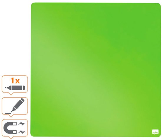 Vierkant, felgroen whiteboard met aan de linkerzijde pictogrammen voor een marker, een tweede marker en magnetisme. Nobo-logo rechtsonder.