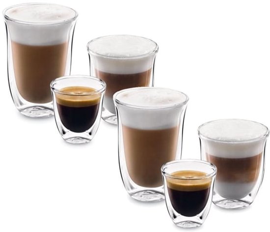 Vijf dubbelwandige glazen met koffiedranken: twee espresso, twee cappuccino, één latte macchiato.