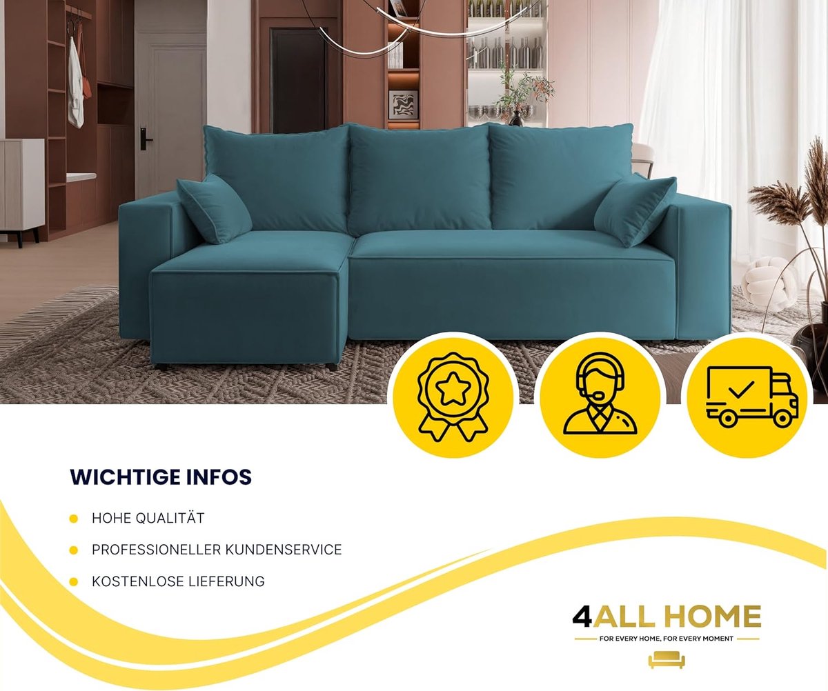 Hoekbank met Slaapfunctie & Bedlade 3-zits - L-vorm Slaapbank Ocean Blauw - Luxe Uitklapbare Sofa met Opbergruimte - Comfortabele Hoekbank voor Woonkamer – Novihome