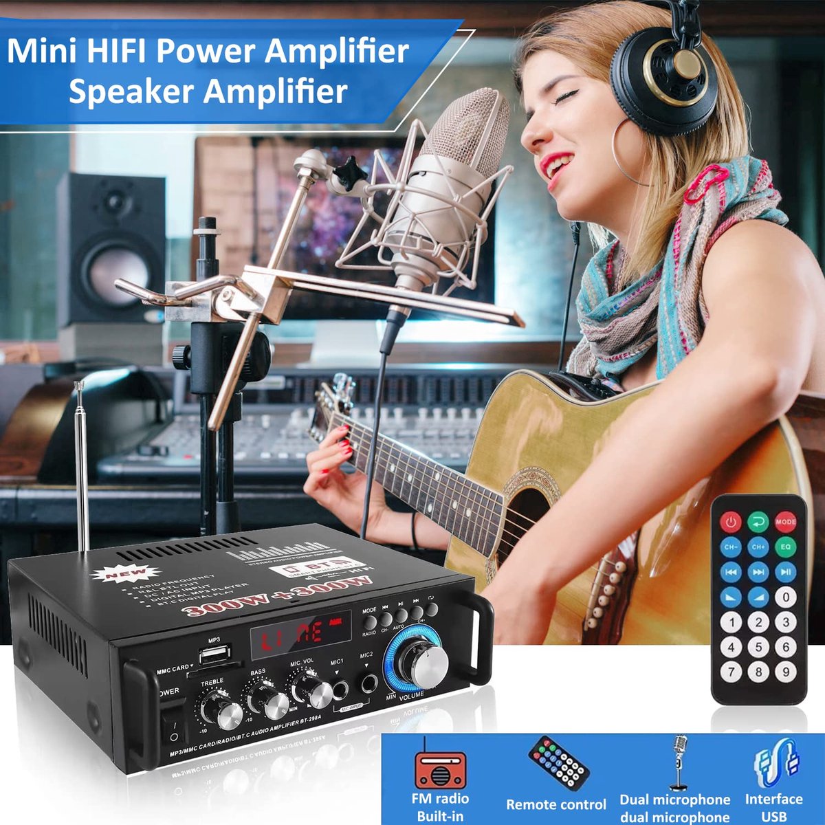 Mini-versterker - HiFi-versterker - Bluetooth 5.0-stereo - 12V/240V - 600W - Dual Channel - LCD-scherm - Draagbare FM-radio met Hoge Resolutie - SD/USB-kaartingang - voor Gebruik Thuis of in de Auto – foto 7