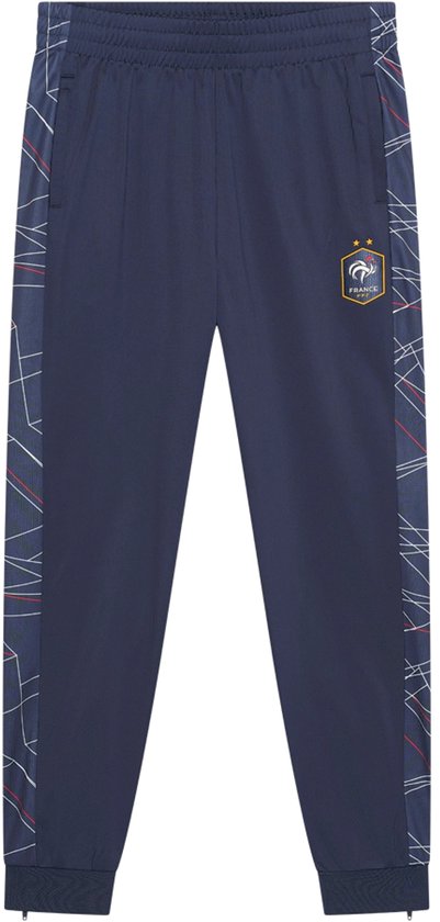 Donkerblauwe trainingsbroek met FFF-logo en geometrische patronen op de zijkanten.