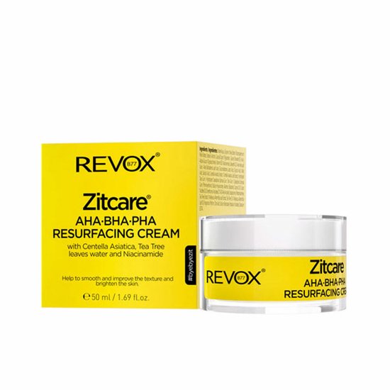 Gele kartonnen verpakking en potje met REVOX B77 Zitcare AHA-BHA-PHA Resurfacing Cream. Bevat 50 ml.