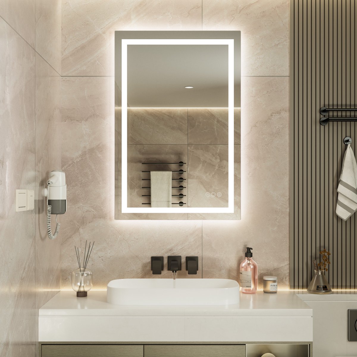 Auralum max - Badkamerspiegel met LED Verlichting - Badkamer Spiegel - Spiegel Badkamer - Spiegel Douche - Dimbaar - Wandspiegel - Badkamer/Make-up spiegel - Anti Condens Douchespiegel - Warm/Neutraal/Koud Wit - 90X60cm