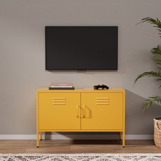 Lendo Online TV Meubel - TV kast - Dressoir voor woonkamer - Industriële Kast met verstelbare planken - Industrieel - Kasten - 100x40x65 cm (LxBxH) -Gepoedercoat staal - Metaal - Geel