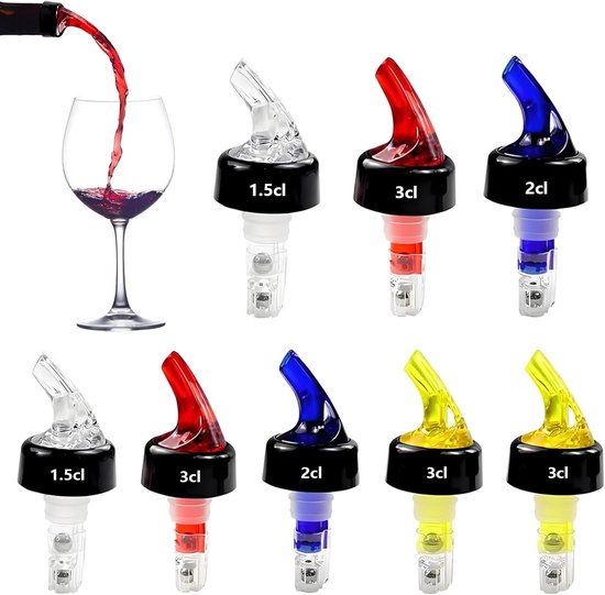 Set van 8 schenktuiten in transparant, rood, blauw en geel, met maten 1.5cl, 2cl en 3cl.