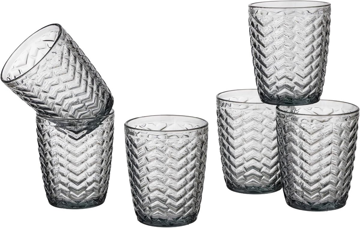 Set van 6 Gekleurde Drinkglazen met Reliëfstrepen, 30 cl