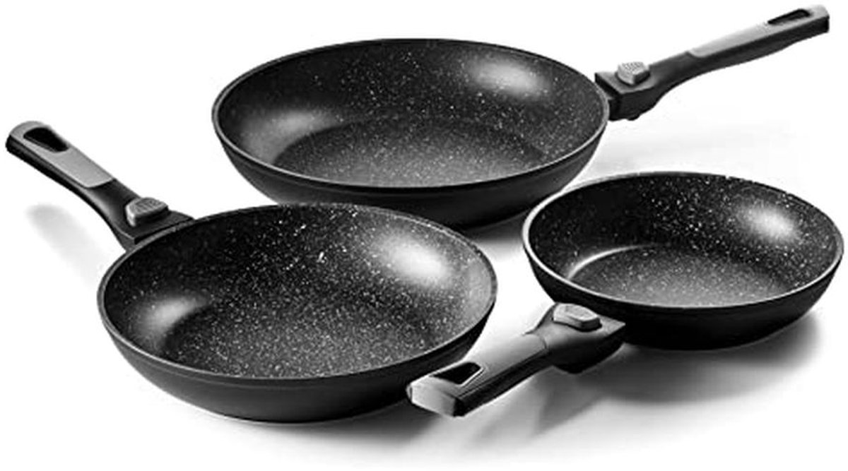 Pannenset met afneembare handgrepen en steenlook afwerking - 3 stuks