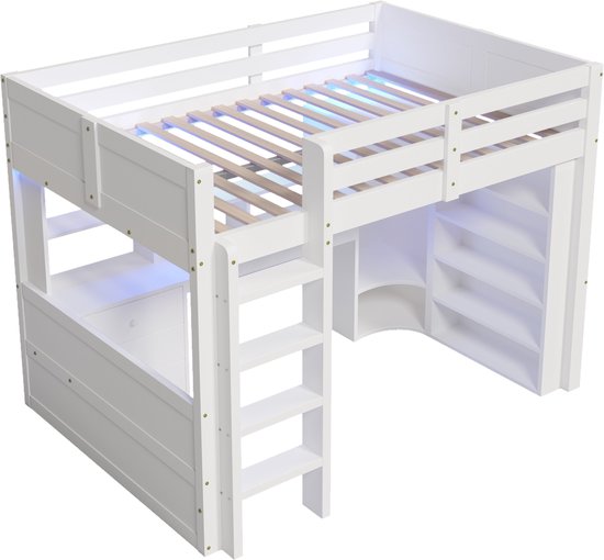 HAUSS SPOLE Lit Mezzanine 140x200cm - Avec éclairage LED - Armoire, Bureau Et 3 Tiroirs - Multifonctionnel Avec Rangement - Sans matelas - Sapin/MDF - Blanc