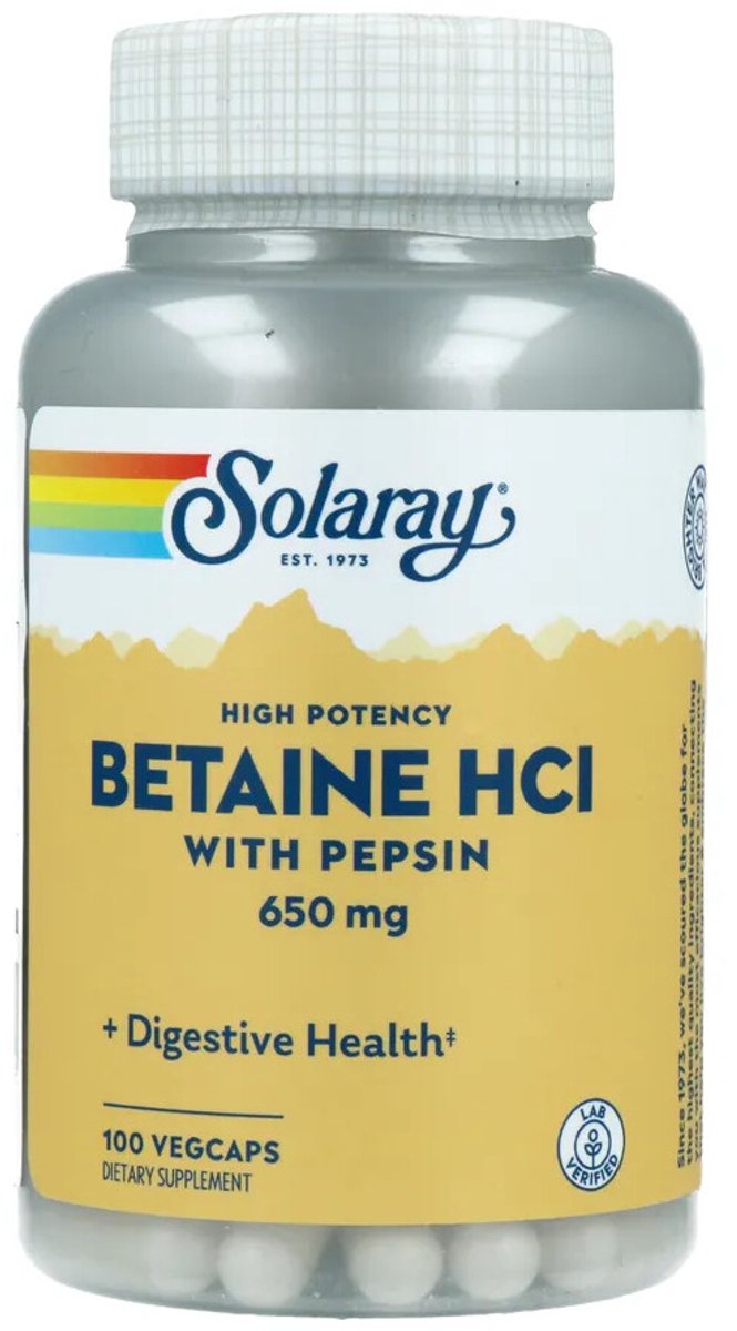 Solaray - Betaine HCl 650 mg + Pepsin - 2 x 100 capsules - Voordeelverpakking
