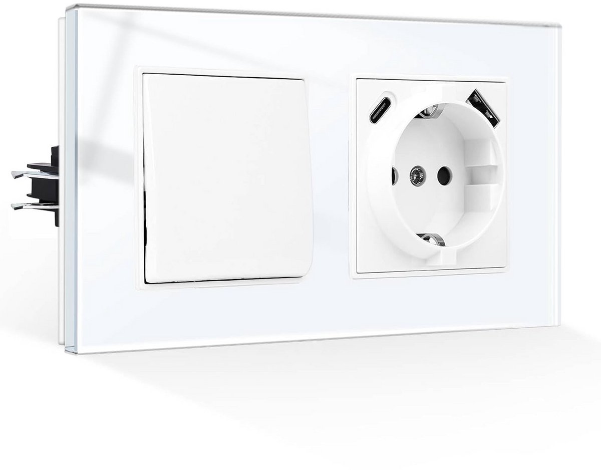 Inbouw Lichtschakelaar en Stopcontact met USB-A en Type-C Poort, Verhard Glas, Wit