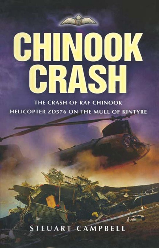 Boekomslag getiteld Chinook Crash met een illustratie van een crashende RAF Chinook-helikopter boven wrakstukken.