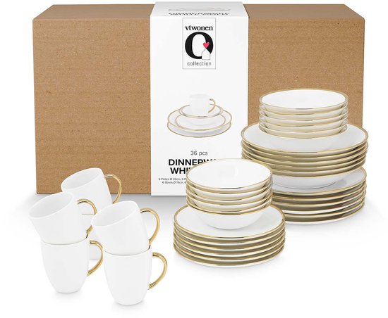 KINGHOFF Bordenset MARIGOLD - 18-delig - Wit met Gouden Rand - Opaal