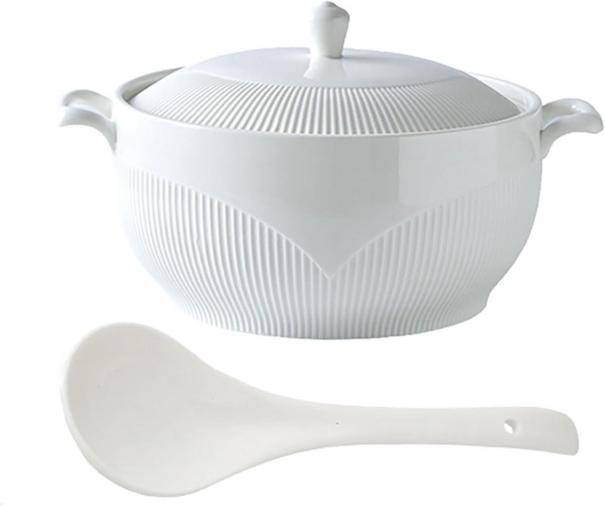 Witte porseleinen terrine met deksel en lepel - geschikt voor magnetron, met handvatten, L