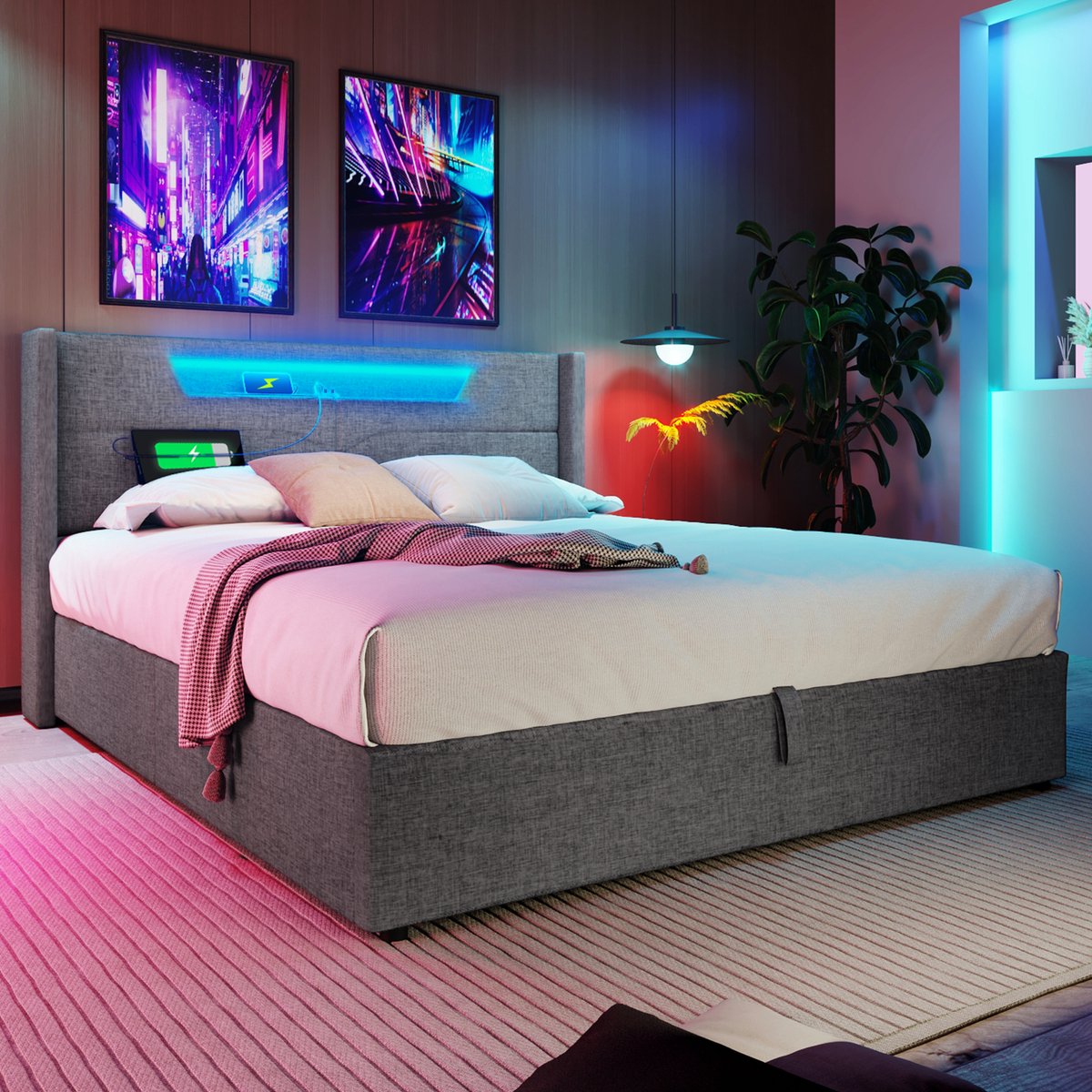 STILVORA Gestoffeerd bed 160x200cm – Tweepersoonsbed met LED & USB-C – Opbergruimte met gasveren – Slaapkamer/Jeugd – Linnen – Grijs – Met matras
