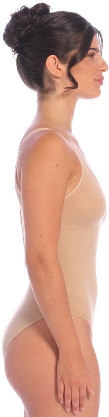 Nude body, gedragen door vrouw op de zijkant, met één bandje over de schouder en gedetailleerd bovenlijf.