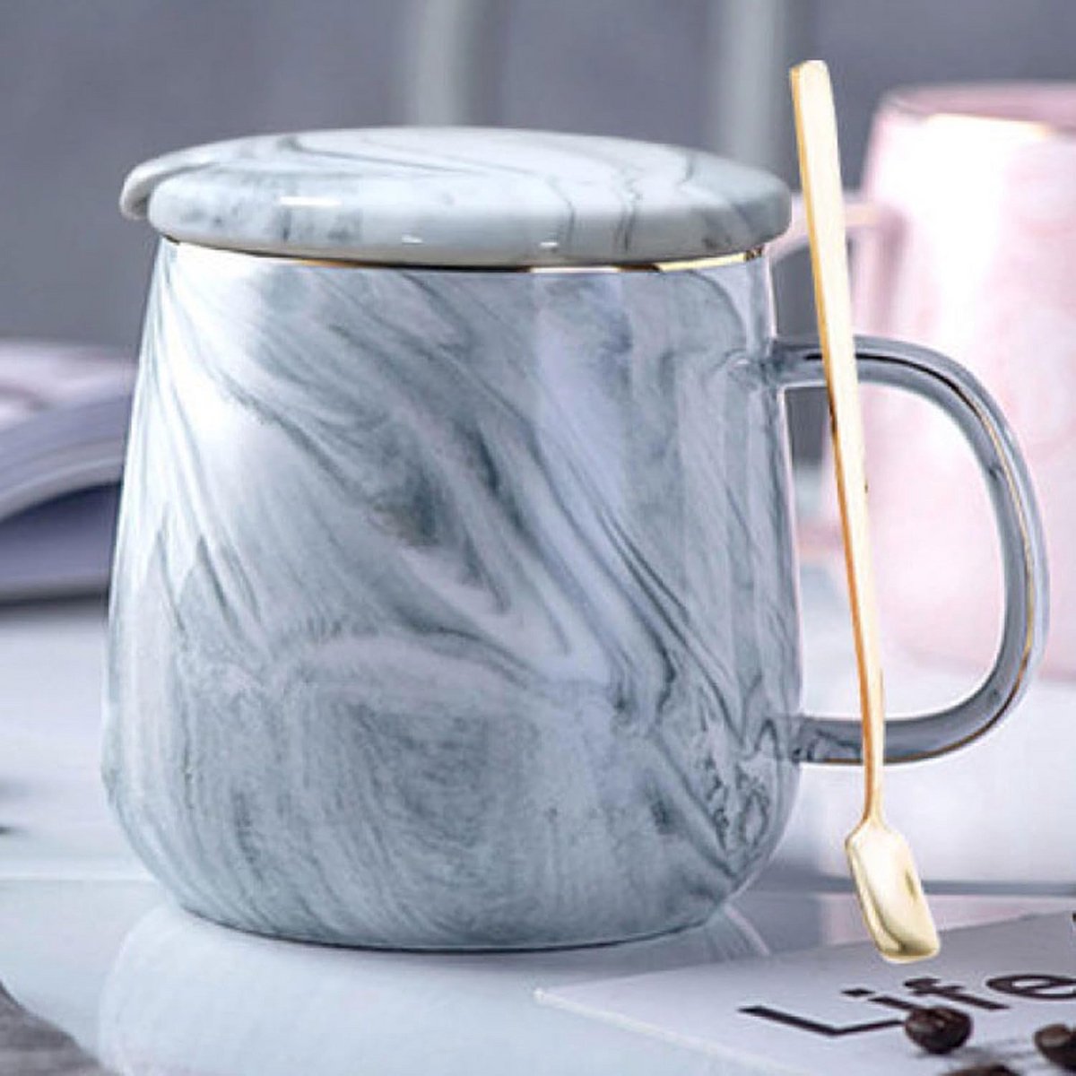 Keramische Theemok met Deksel en Lepel 400ml Marmerlook Grijs