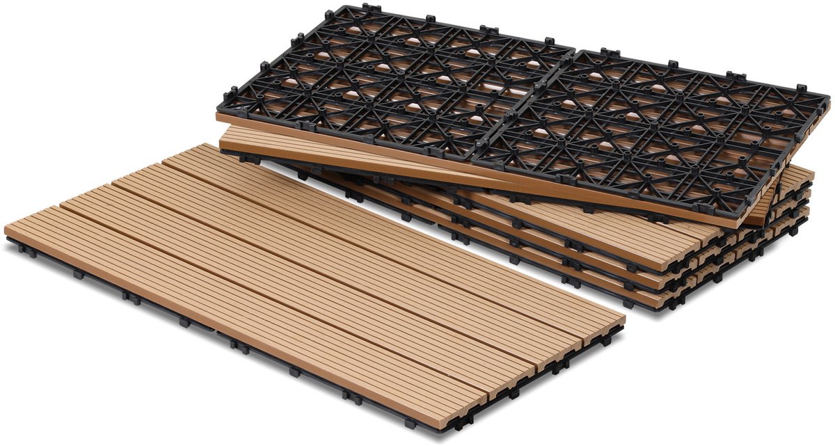 Set van 60 WPC-terrastegels, 4 latten, 30 × 60 cm, kliksysteem, hout-kunststofcomposiet in teaklook