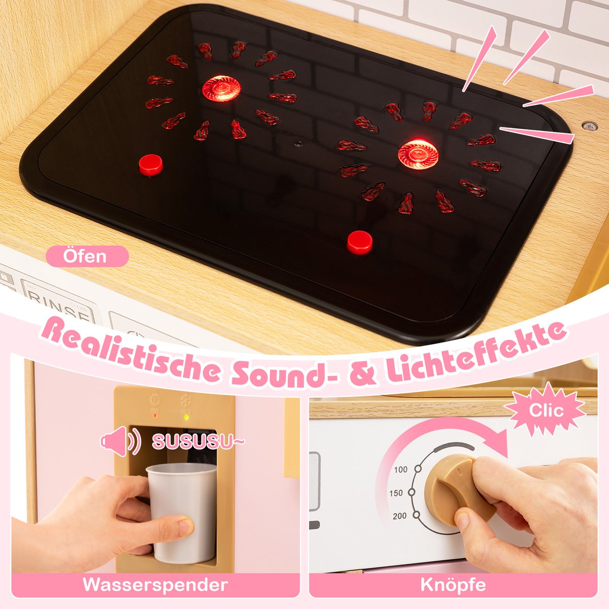 COSTWAY Kinderkeuken, speelkeuken, houten keuken met rotandeuren, licht en geluid, koelkast, waterdispenser, wasmachine en kookaccessoires, speelgoedkeuken voor kinderen vanaf 3 jaar (roze) — afbeelding 4