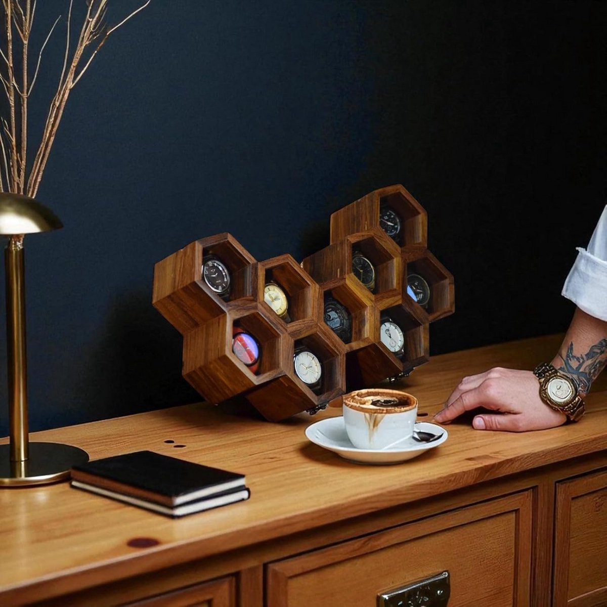 Handgemaakte Houten Horlogebox met 9 Vakken - Indiase Rozenhout - Glazen Venster - 3 Lades