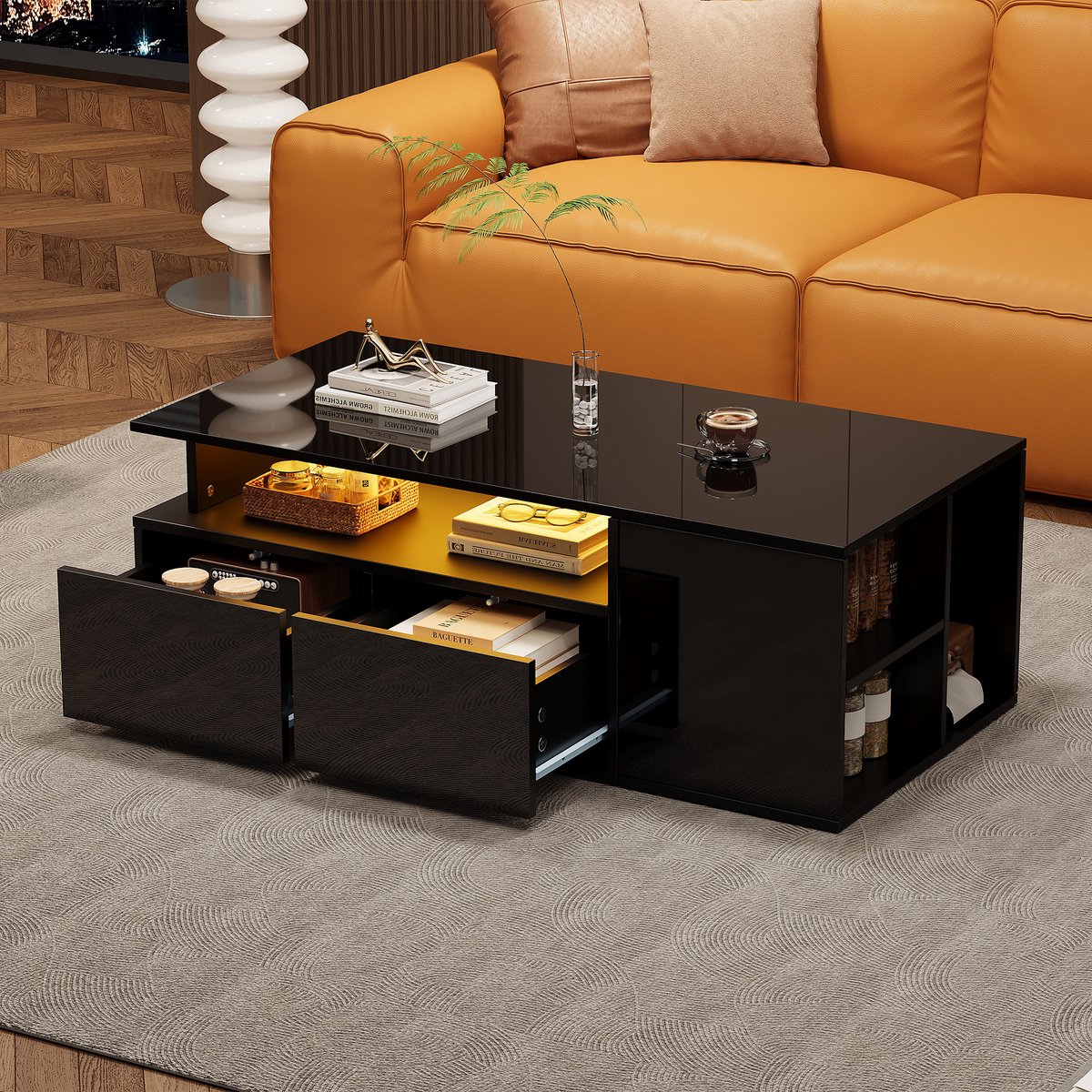 Clruro Salontafel - 100 x 50 x 35 cm - LED Licht met 2 Lades - Woonkamer Tafel met Veel Opbergruimte - Hout - Zwart