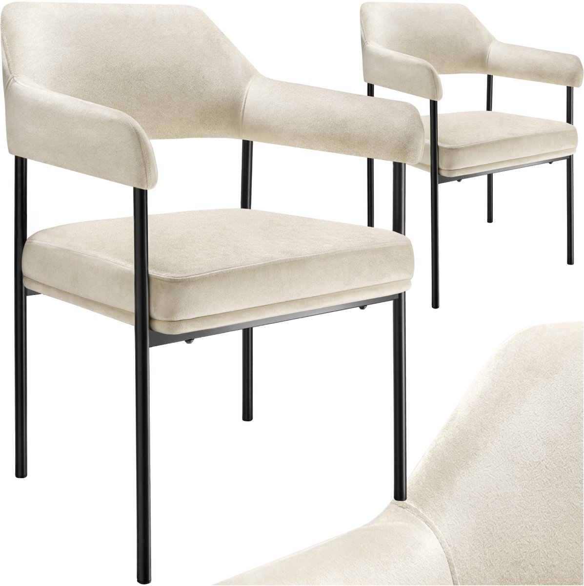 Tectake Eetkamerstoel met Armleuning - Set van 2 Eetkamerstoelen - Fluweelzachte stof - Open Rugleuning - Gestoffeerd met Stalen Poten - Stoelen voor Eetkamer - Gebroken Wit offwhite velvet