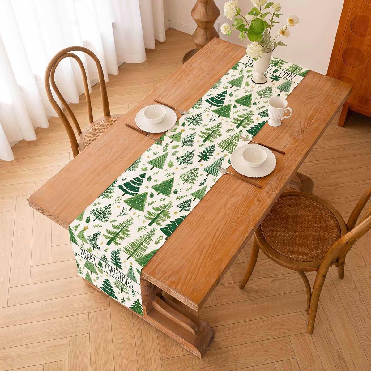 Kerst Tafelloper 40x240 cm - Groen Kerstboom Motief - Wasmachine Bestendig - Tafelmidden voor Feestelijke Tafel Decoratie