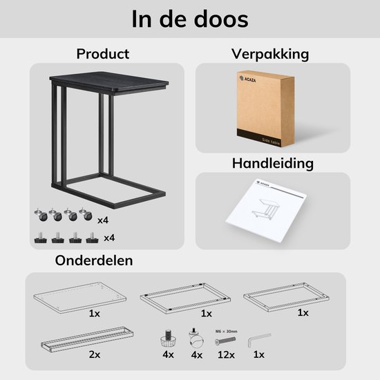 Overzicht van de productonderdelen en verpakking van een zwart bijzettafeltje.
