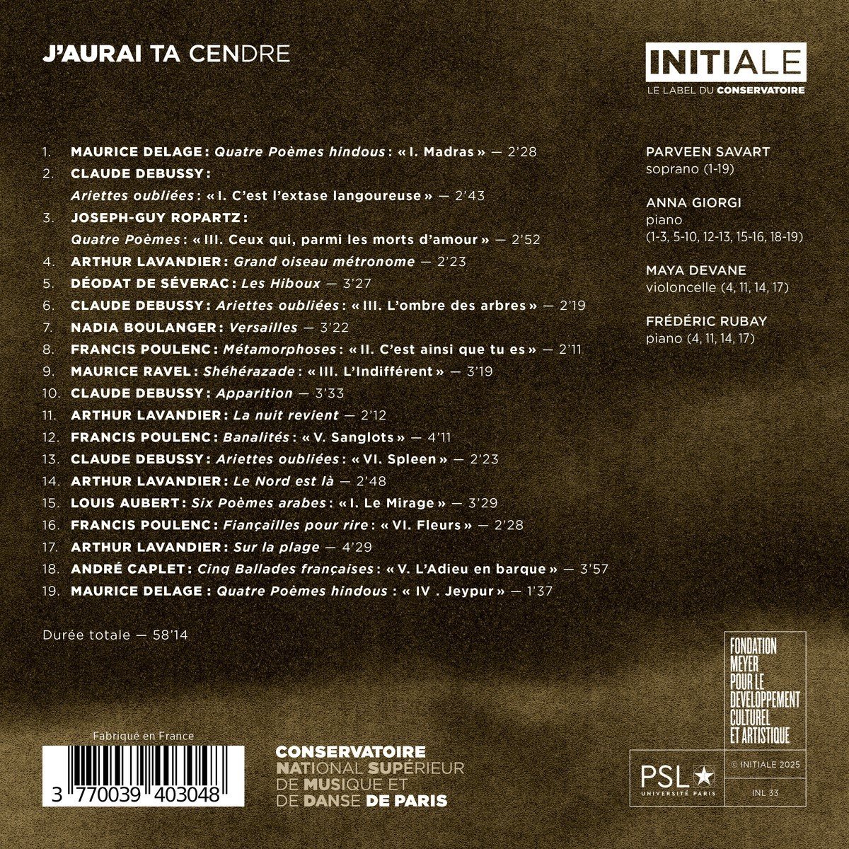Parveen Savart & Anna Giorgi - J'Aurai Ta Cendre (CD)