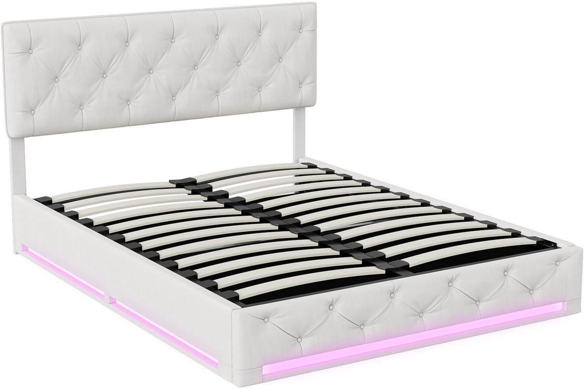 Beige Opbergbed 160x200 Tweepersoons met Hydraulisch Lift, Verstelbaar Hoofdbord & LED aan Voeteneinde thumbnail 7
