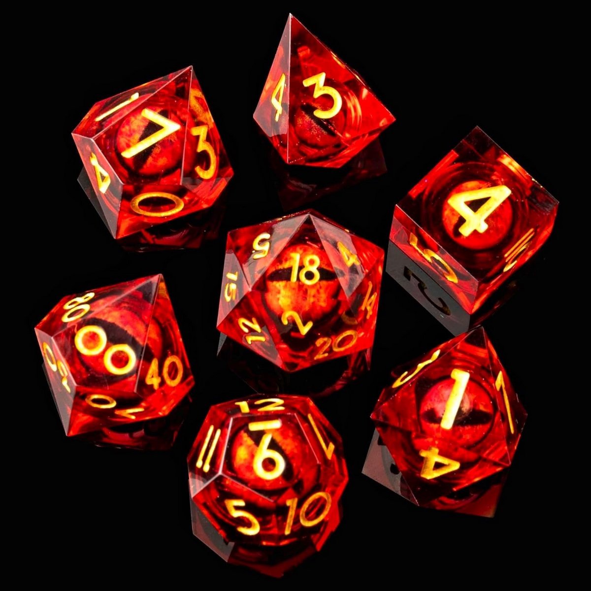 Polyhedral Dobbelstenen Set - 7 Draaiende Draakenoog Dobbelstenen in Rood voor Dungeons & Dragons en Fantasy Rollenspellen
